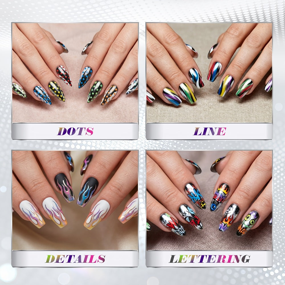 Nail Art Pens Set 10 Metallic Colors with 12pcs Nail Stickers - Dual-Headed 3D Acrylic Polish Markers for Doodle Dot Line Stitching Graffiti Designs, Home Salon Gift for Women Girls