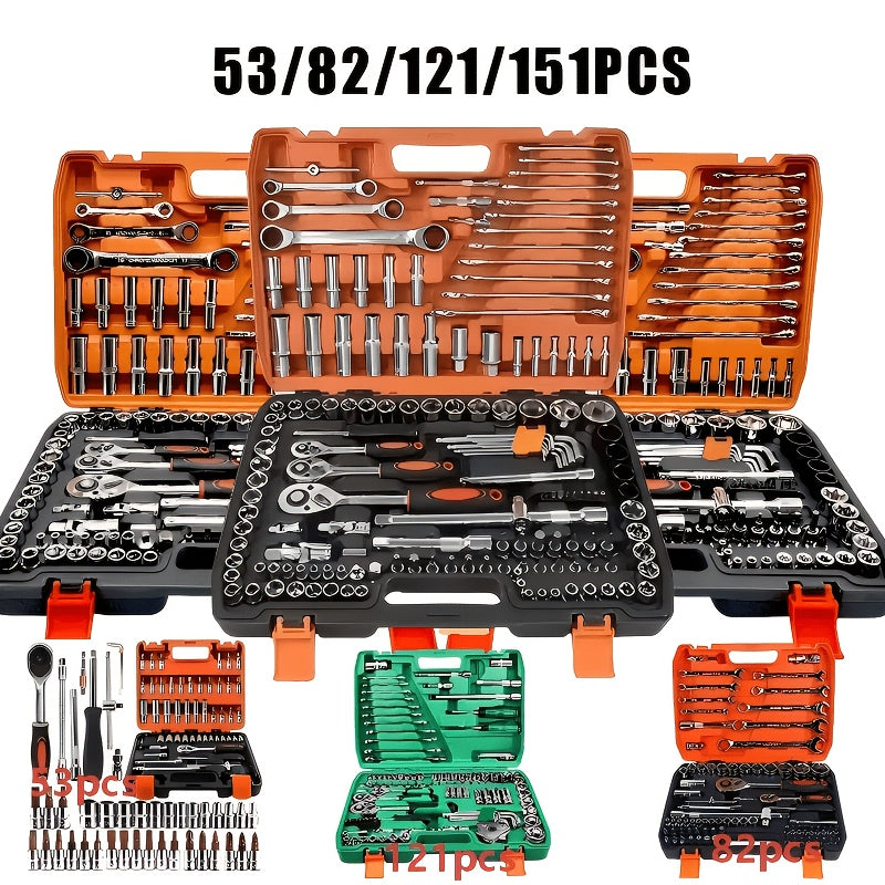 53/82/121/151pcs Heavy Duty Set with Ratchet, Extension Rods & Joints - Adjustable 6-Point Drive Kit Suitable for Automotive, Marine, Motorcycle Repair, Metric (8-22mm) & SAE (1/4"/1/2")