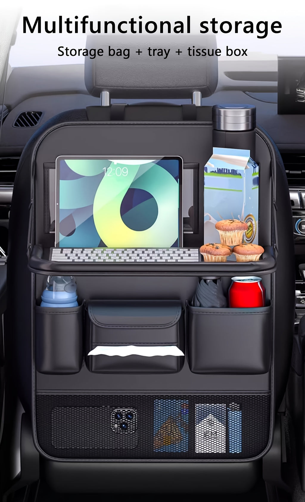 Faux Leather Premium Car Seat Back Organizer Travel Additions Seat Storage Bag Back Seat Dining Table And Cup Holder Universal Model