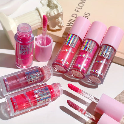 24H Waterproof Glitter Lip Gloss & Lip Stain Set 3PCS – Moisturizing Lip Oil Formula, Long-Lasting Smudge-Proof Glitter Shine in Berry Coral Pink Red Shades for Women All Skin Tones