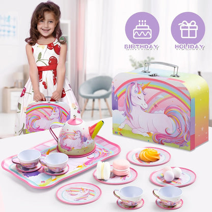 Unicorn Tea Party Set for Girls – Pretend Play Pink Tin Teapot with Cups, Plates & Carrying Case, Magical Rainbow Design, Birthday Christmas Gift for Kids Ages 3+