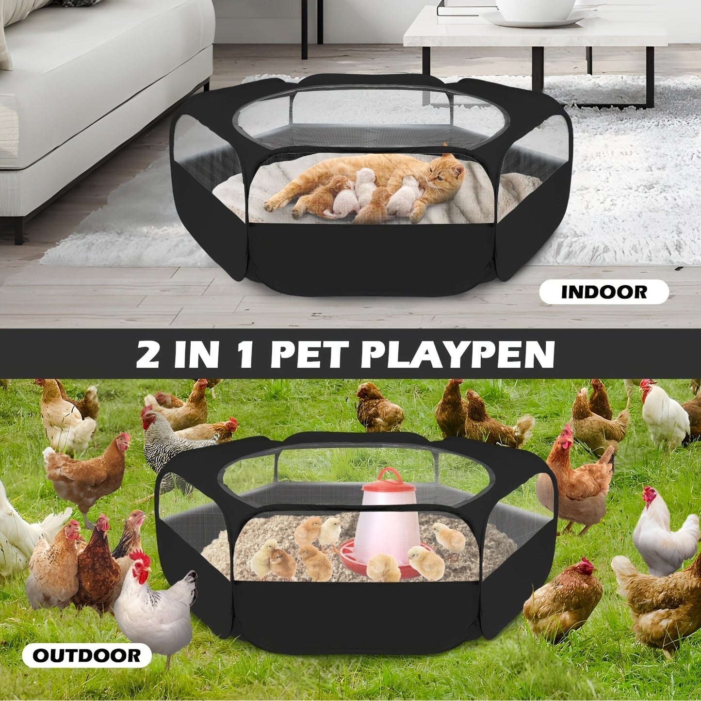 Small Animal Playpen Foldable Pop-Up 47" Portable Pet Pen with Mesh Cover for Guinea Pigs Rabbits Ferrets Chinchillas Kittens Hamsters Bunnies, Indoor Outdoor Travel Playpen, 47.24x23.62x14.96in, Black