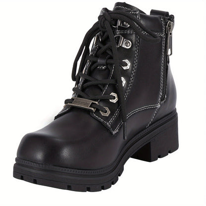 [Women'S Low Heel Biker Boots] Black Faux Leather Women'S Lace-Up Motorcycle Riding Boots | Side Zipper, Ankle Booties, Biker Boots, Combat Boots for Ladies with Low Heel, Non-Slip, Square Toe, for All-Season Riding Shoes