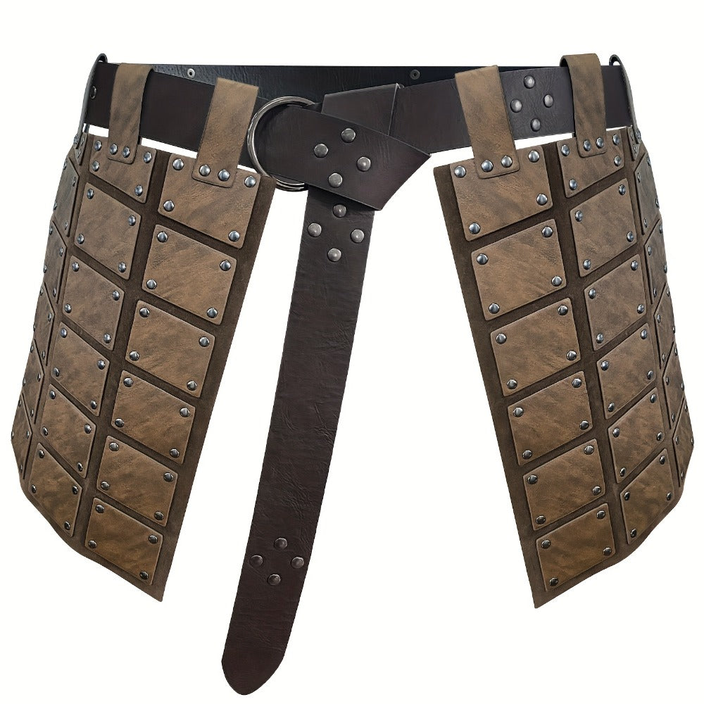 Viking Skirt Armor with Belt for Men & Women – Embossed PU Faux Leather Waist Armor, Nordic Medieval Warrior Costume for Halloween LARP Cosplay Renaissance Fair, Dark Brown & Black