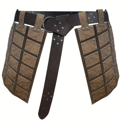 Viking Skirt Armor with Belt for Men & Women – Embossed PU Faux Leather Waist Armor, Nordic Medieval Warrior Costume for Halloween LARP Cosplay Renaissance Fair, Dark Brown & Black