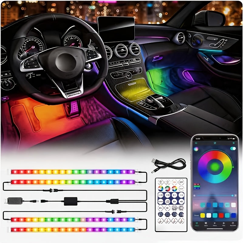 RGB Car Interior Bluetooth USB Light Strip with Wireless Remote And APP Control, 4pcs Dashboard Foot Mood Light Kit, Music Mode, Suitable for Vehicle Interior, SUV, Truck