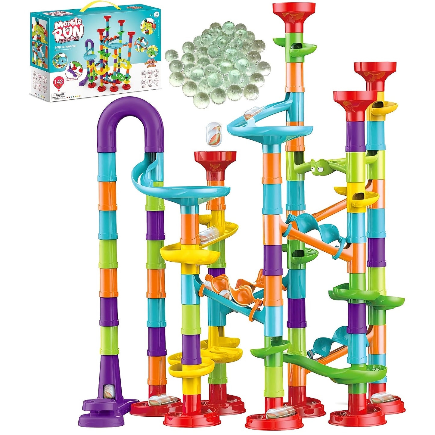 Marble Run Set Building Blocks for Kids 112/147pcs with Glass Marbles – STEM Marble Race Track Construction Toy Logic Hand-Eye Coordination Learning Game, Best Birthday Gift for Boys & Girls Ages 4+