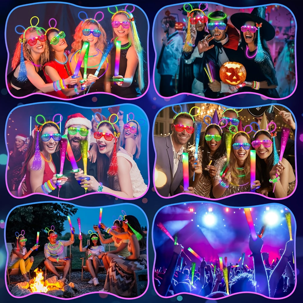 Glow in the Dark Party Supplies 120 Piece Set – Neon Glow Rings LED Glasses Glow Sticks & Fiber Optic Hair Clips for Blacklight Birthday Party, Wedding, Concert, Rave & New Year's Eve