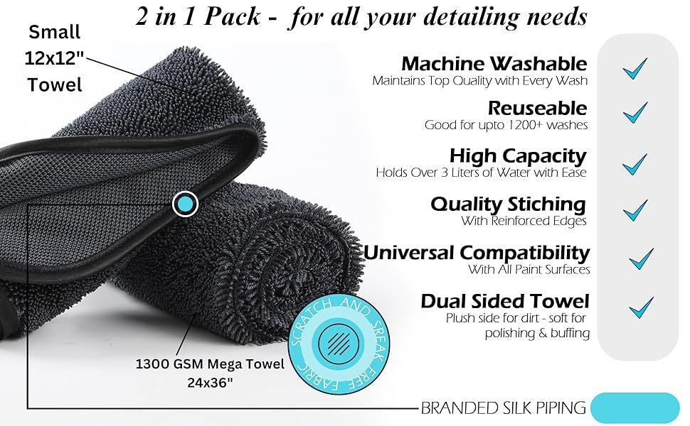 Extra Large Pack of 2 Double Twisted Loop Quick-Drying Towel | 24X36 Inches 1400GSM And 12X12 Inches | High Absorbency | Leaving No Streaks | Designed for Car Detailing