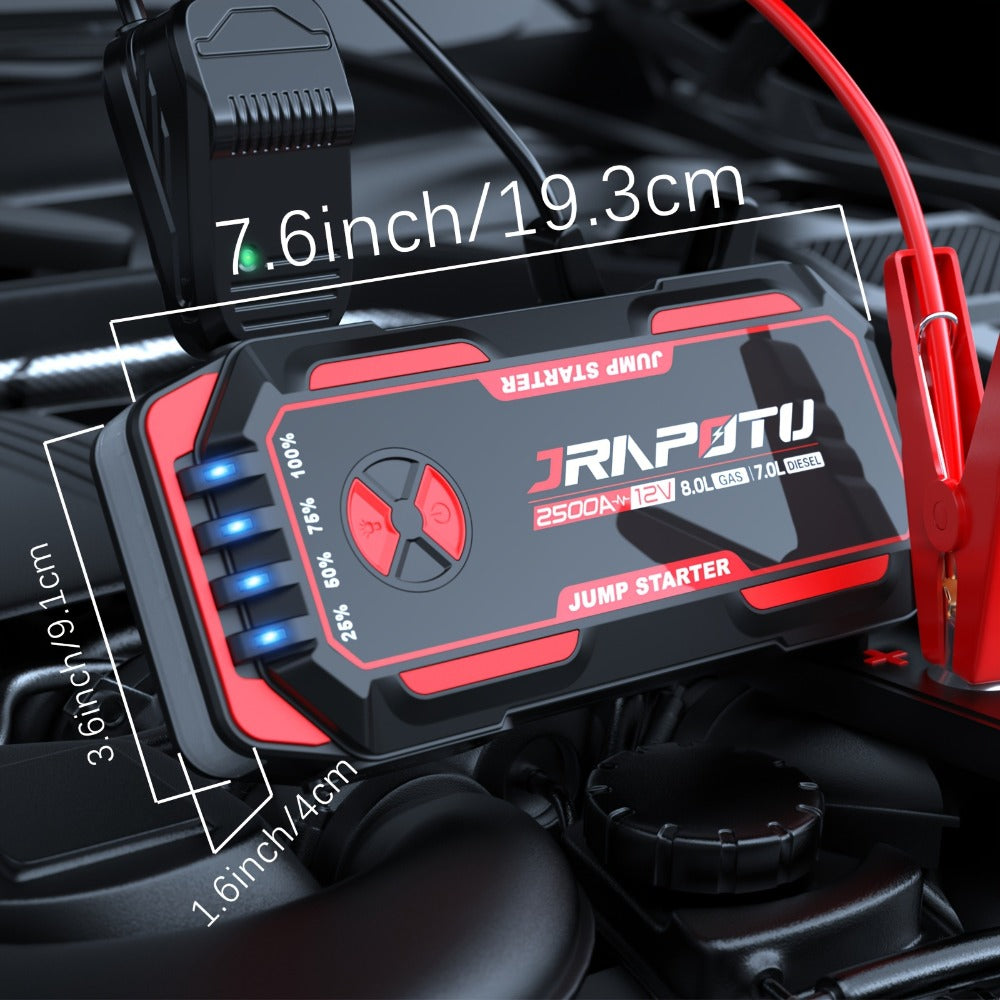 2500A Peak Car Jump Starter Portable – 12V Battery Booster Pack with USB-A & USB-C Ports, LED Flashlight, 10000mAh Power Bank, for Gas up to 8.0L & Diesel up to 7.0L Engines