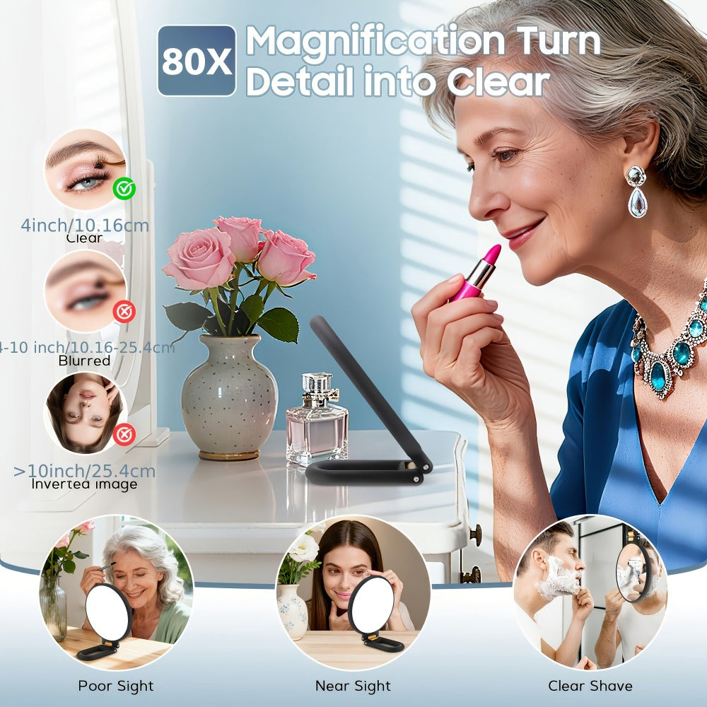 Magnifying Mirror 80X for Makeup & Skincare, Handheld 1X-80X Magnification Mirror with 360° Adjustable Handle, Portable Compact Travel Mirror for Women Makeup Grooming Beard Trimming, Beauty Gift