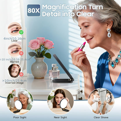 Magnifying Mirror 80X for Makeup & Skincare, Handheld 1X-80X Magnification Mirror with 360° Adjustable Handle, Portable Compact Travel Mirror for Women Makeup Grooming Beard Trimming, Beauty Gift