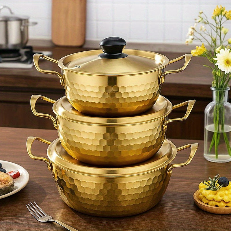 3-Piece Golden Stainless Steel Ramen Pot Set with Lids – Non-Stick Dishwasher Safe Cookware for Noodles Soups Curries – Textured Surface Pots for Home Camping Outdoor Parties Picnics