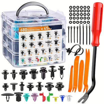 725pcs Automotive Fastener Clip Body Push Pin Rivet Bumper Door Trim Panel Fastener Kit Car Disassembly Tool, Emergency Preparedness Supplies Car Emergency Kit, Roadside Safety Tool Kit with Gloves, First Aid Kit, 12-Foot Jumper Cables, Tow Strap