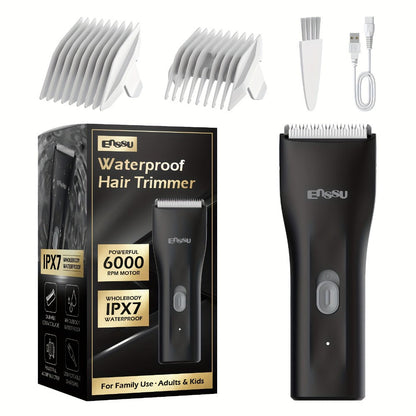 Manscaping Trimmer for Men IPX7 Waterproof Ceramic Blade Electric Groin & Pubic Body Hair Shaver – LCD Battery Display Replaceable Head Safe Grooming Tool, Black Blue White