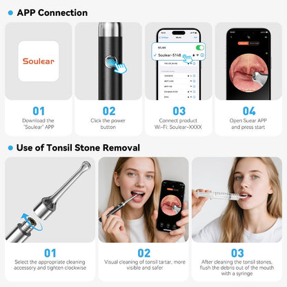 Tonsil Stone Remover with Camera - 1080P HD Visual Tonsil Stone Removal Tool with LED Light, 5-in-1 Stainless Steel Tips, Wi-Fi App Control, USB-C Rechargeable, Compatible with iOS & Android
