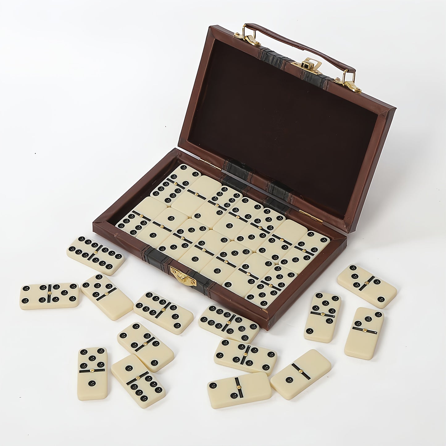 Domino Set 28 Tiles Classic Black with Leather Case – Durable Plastic Dominoes Portable Storage Box for Family Games Party Group Play, Holiday Christmas Thanksgiving Gift