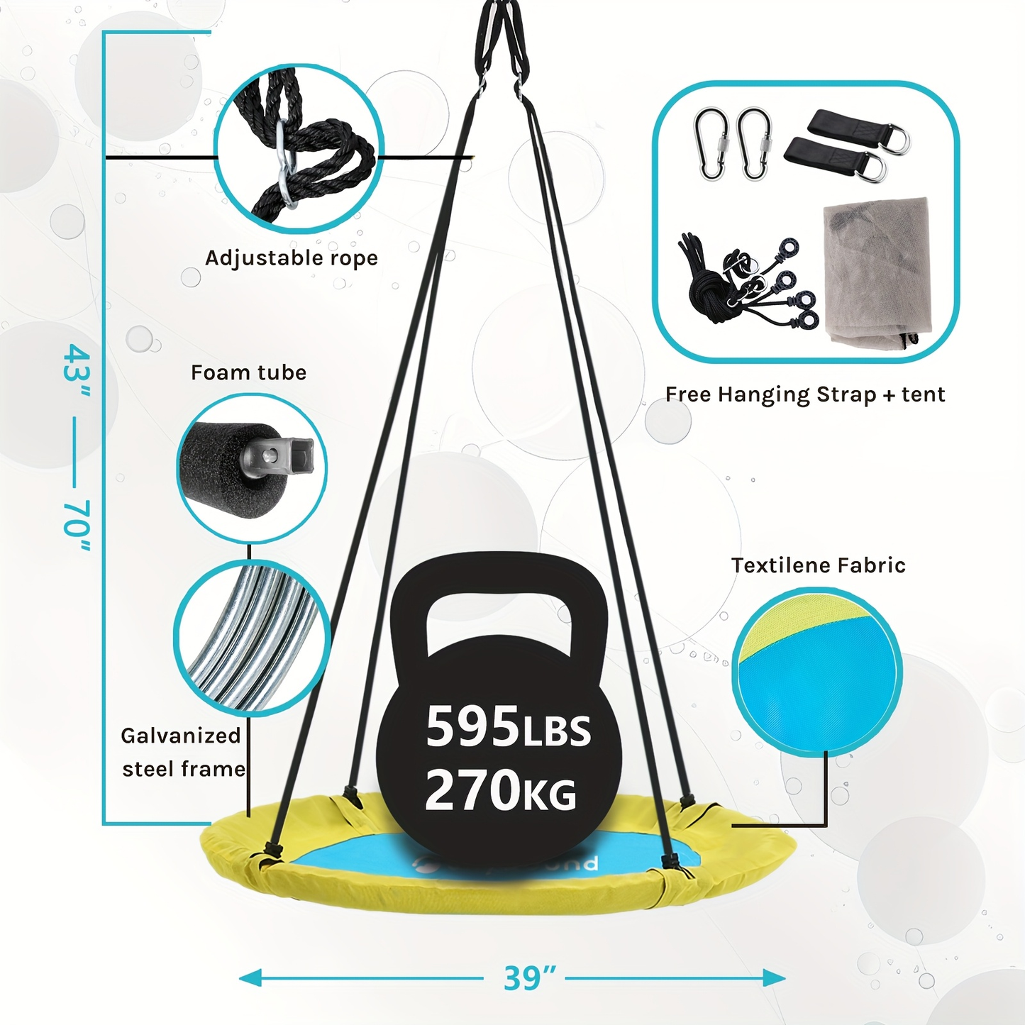Flying Saucer Tree Swing 39"-43" – Textilene Fabric, UV & Tear Resistant, 360° Rotating with Adjustable Rope – Round Outdoor & Indoor Swing for Backyard & Garden, Multiple Colors