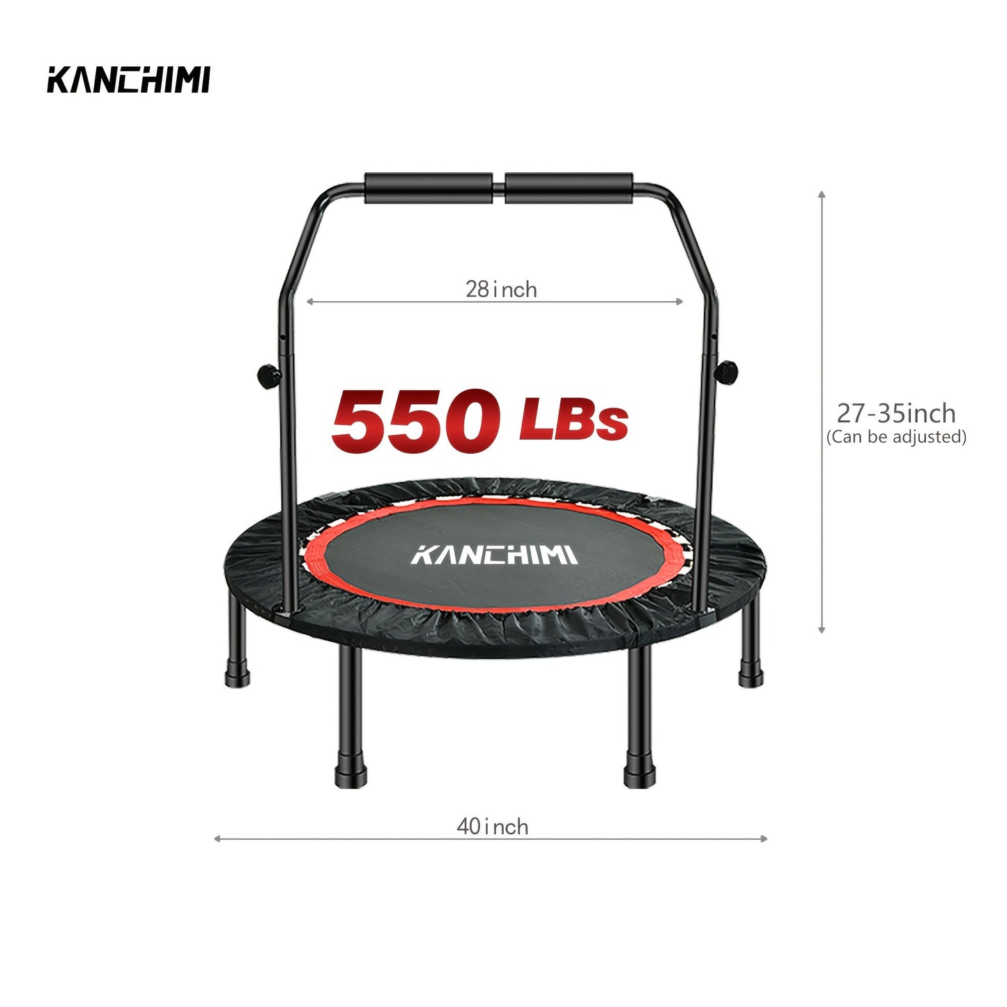 Foldable Mini Trampoline 40 Inch – Fitness Rebounder with Bungee Cords & U-Shape Foam Handle, 450 / 550 LBS Capacity, Quiet Stable Exercise Trampoline for Adults, Indoor & Outdoor Home Gym Workout