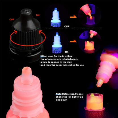 UV Fluorescent Tattoo Ink Set 8 Colors – Professional Long-Lasting Blacklight Tattoo Pigment for Body Art, Permanent Makeup & DIY Tattoo – Vibrant Neon Violet Glow Ink
