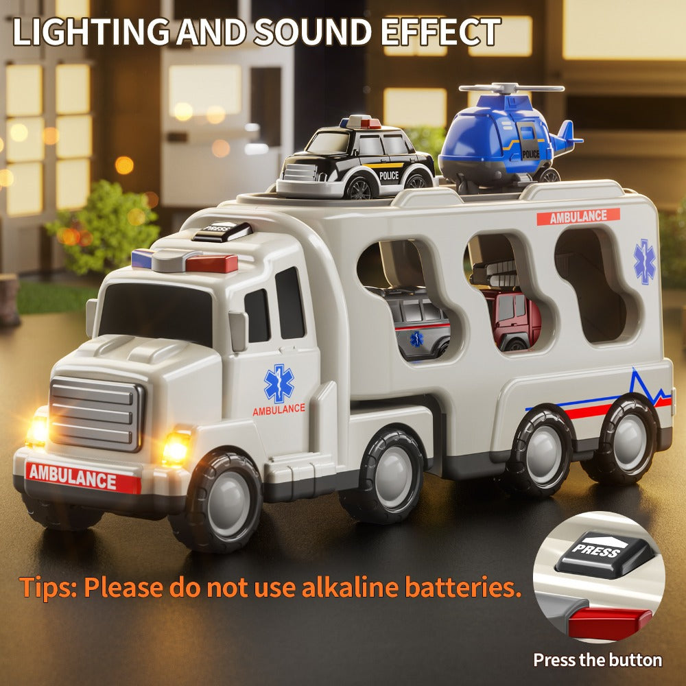 Ambulance Truck Toy 5-in-1 Carrier Set with Lights & Sounds – Friction Power Emergency Vehicle Playset for Kids Boys Ages 3+, Birthday Gift