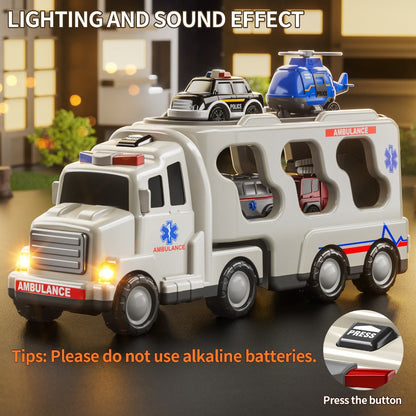 Ambulance Truck Toy 5-in-1 Carrier Set with Lights & Sounds – Friction Power Emergency Vehicle Playset for Kids Boys Ages 3+, Birthday Gift
