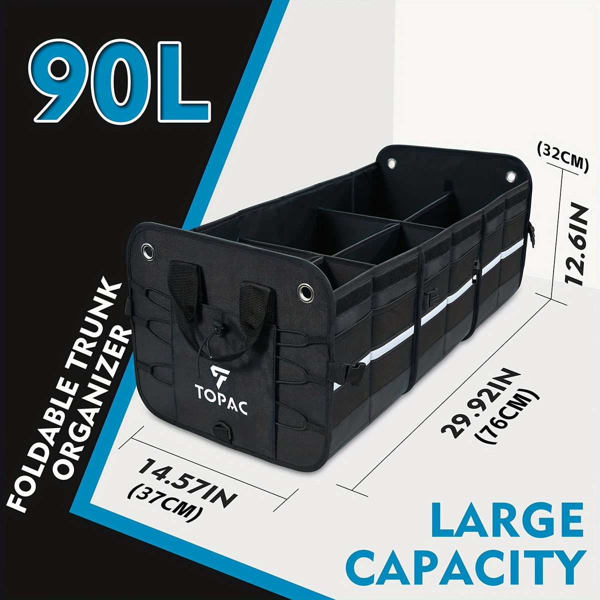 TOPAC Car Trunk Organizer with 3 Compartments with Cooler Bag, - Trunk Organizer, Foldable Trunk Organizer for SUVs & Sedans, Sturdy Car Organization for Car Accessories, Tools, Sundries, Black, 29.92*14.57*12.61"