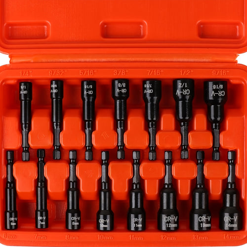 1/4" Hex Shank | Magnetic Nut Driver Set | 15pcs | Impact Nut Driver Set | SAE (1/4" to 9/16") And Metric (6-14Mm) | Chrome Vanadium Steel