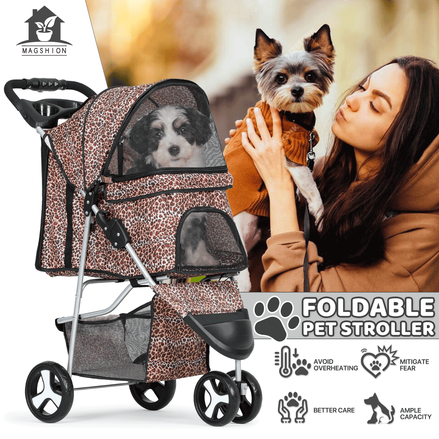 Pet Jogger Stroller 3-Wheel for Small & Medium Dogs & Cats up to 33 lbs - Foldable Oxford Waterproof Dog Cat Pram with 360° Swivel Wheels, Shock Absorber, Rear Brakes, Cup Holder & Storage Basket, 11 Colors