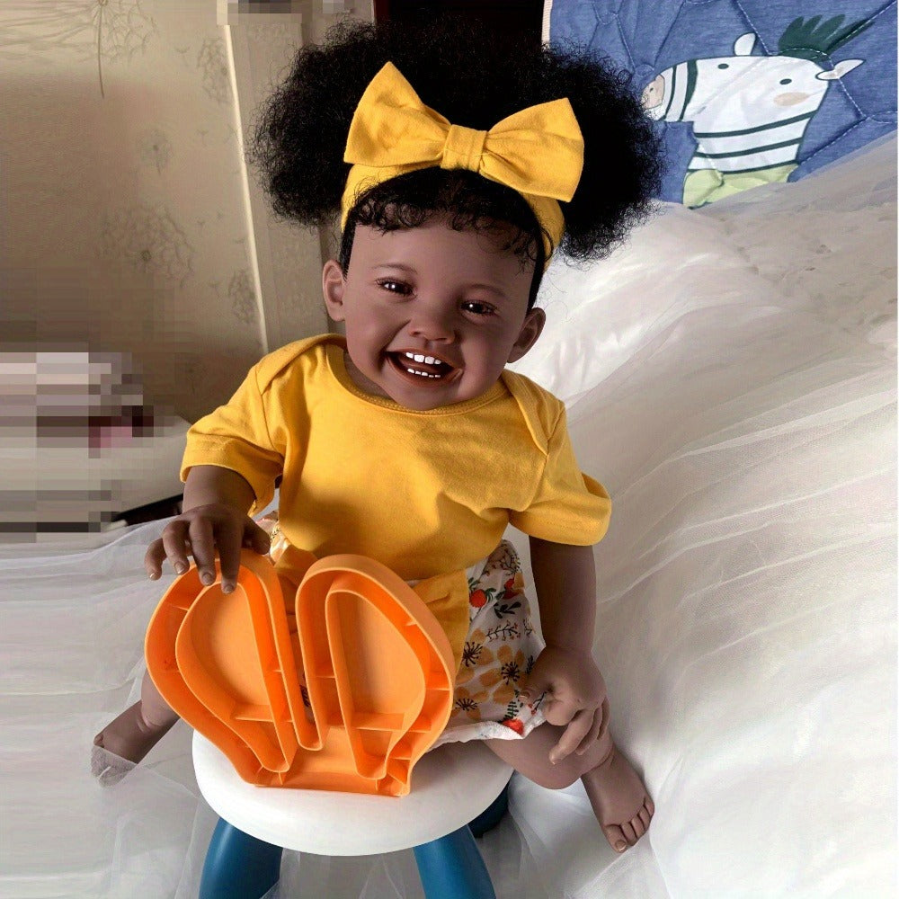 Black Reborn Baby Girl Doll 24 Inch Dark Brown Skin Soft Silicone Newborn Rooted Hair Cloth Body Magnetic Pacifier Lifelike Art Doll Gift for Kids Collectors Christmas Birthday