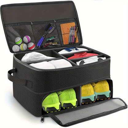 Golf Organizer Storage Box with Compartments and Mesh Pockets Durable Golf Accessory Case for Golf Balls Shoes Gloves Tees and Essentials
