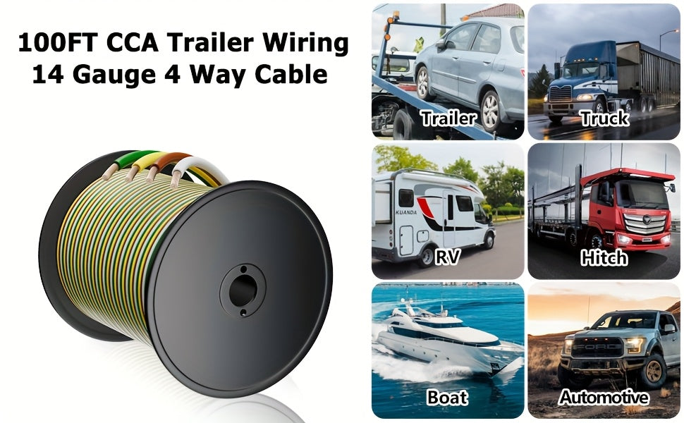 100ft Bonded 4-Way Trailer Wire, RV Camper Towing Boat Trailer Wiring Harness Wire Spool, Primary 4-Wire 14 Gauge CCA Wire, Ideal for All Basic Needs(Green, Yellow, Brown, White)