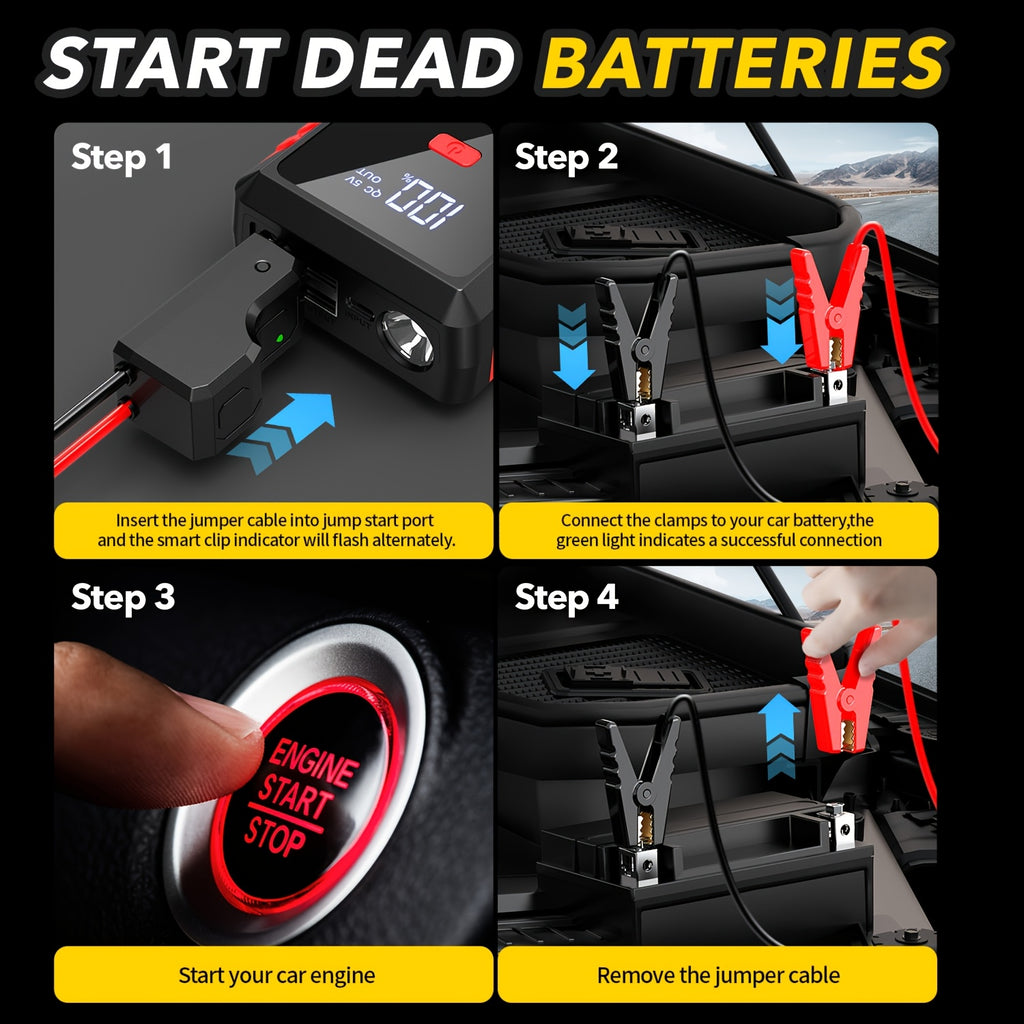 SHARMEAL 9-In-1 Portable Car Battery Jump Starter And Window Breaker Hammer with Built-In 3-Mode LED Flashlight And Heavy-Duty Jumper Cables, Ideal for Cars, Suvs, Trucks, Rvs