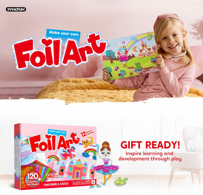 Foil Art Kit for Girls 10 Canvases 120 Colorful Foil Sheets 140+ Foam Stickers – Mess-Free Glue-Free Unicorn Princess Fairy Craft, Birthday Gift for Kids Ages 4 5 6 7 8