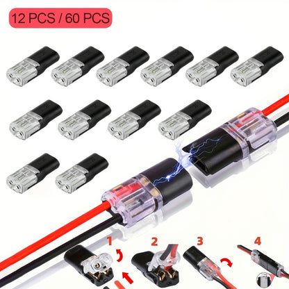 LED Wire Connector 2-Pin Quick Connect Terminal – PVC Insulated Copper Contact, Locking Buckle, 36V AC Low Voltage, for Automotive & Home LED Strip Wiring (12pc / 72pc)