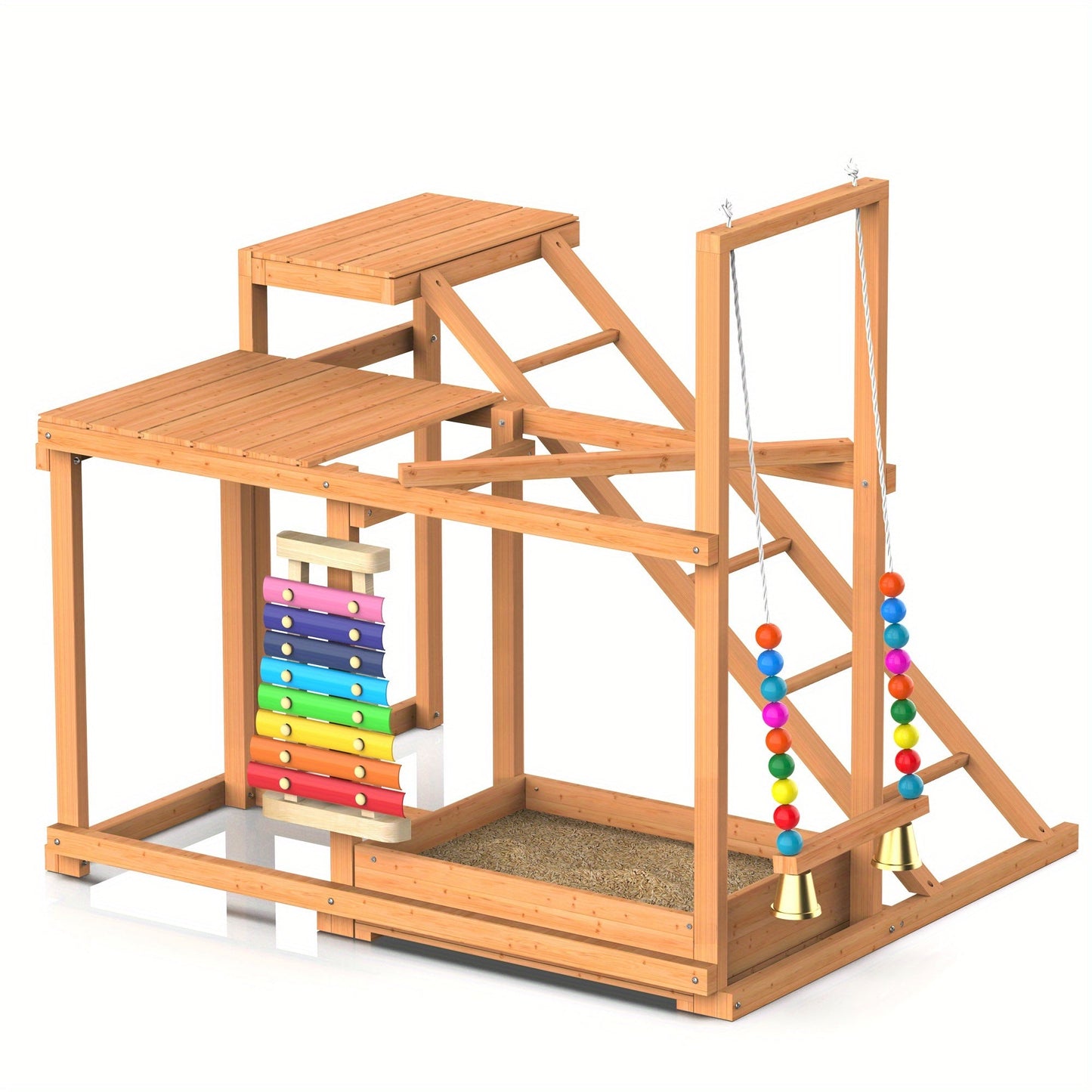 Chicken Coop Toy Activity Play Stand with Perches Swing Ladder Feeder Xylophone Bell Natural Wood Poultry Enrichment Gym for 3-4 Chickens Hens Roosters Macaws