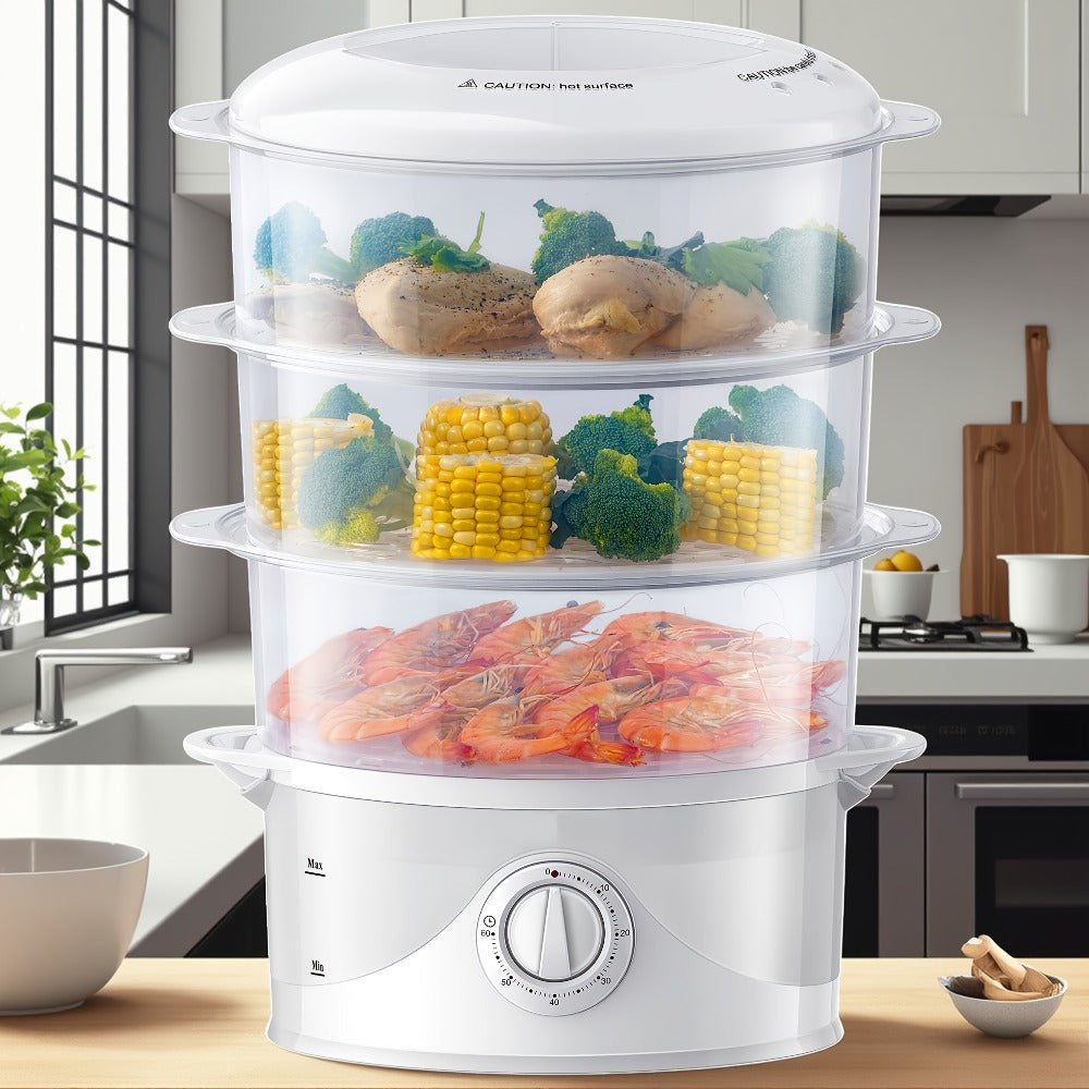 Electric Food Steamer 3-Tier 9.6QT Large Capacity, 800W Fast Cooking, 60-Min Timer, Boil-Dry Protection, Dishwasher Safe & BPA-Free – Multi-Tier Steamer for Vegetables, Dumplings & Family Dinners