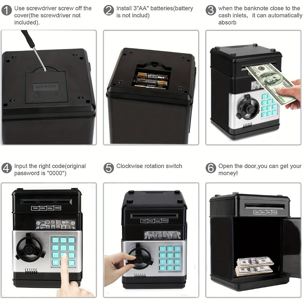 Electronic ATM Piggy Bank for Kids – Digital Coin & Cash Money Bank with Password Lock, Holds 600 Coins or 100 Bills, Fun Savings Bank Toy Gift for Boys & Girls, Black or Pink