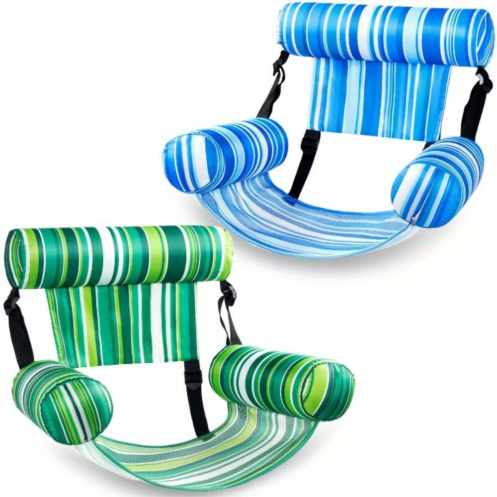Inflatable Pool Float Lounge Chair 2 Pack for Adults – Heavy Duty Blow Up Floating Chairs with Adjustable Back & Head Support, Pillow, Fabric Cover, Pool Beach Lake Summer Water Party Gift Set