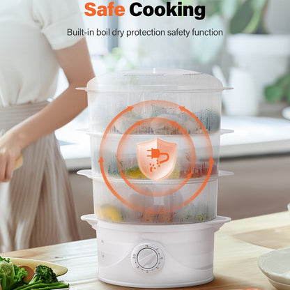 Electric Food Steamer 3-Tier 9.6QT Large Capacity, 800W Fast Cooking, 60-Min Timer, Boil-Dry Protection, Dishwasher Safe & BPA-Free – Multi-Tier Steamer for Vegetables, Dumplings & Family Dinners