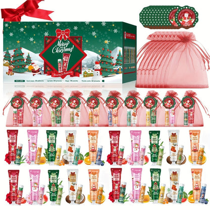 Bulk Gift Set 120 Pieces Lip Balm & Hand Cream with Red Velvet Bags & Holiday Cards — Moisturizing Party Favors for Colleagues, Employees & Friends