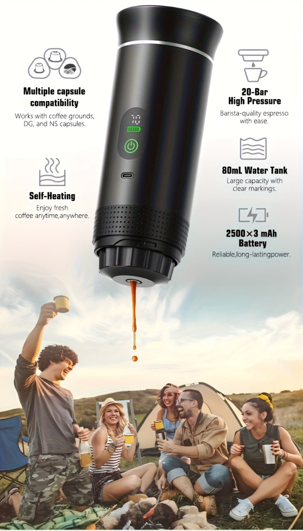 Portable Espresso Machine Type-C Charging Self-Heating – Single Serve Coffee Maker with Temperature & Battery Display, Hot & Cold Brew, Ground Coffee & Capsule Compatible, for Travel RV Hiking Office