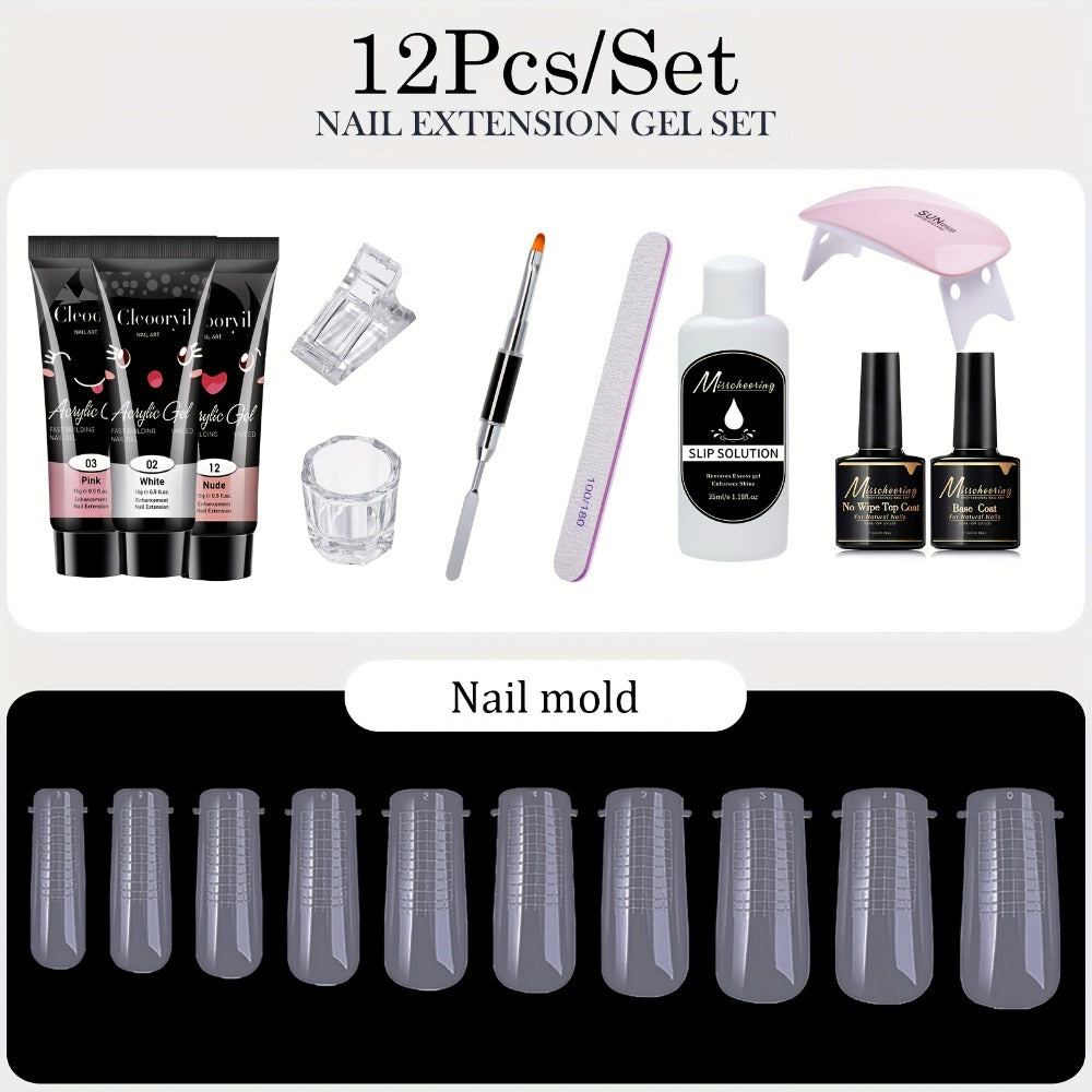 Polygel Nail Kit with LED Lamp 12Pcs Complete Poly Gel Nail Extension Builder Set with Stretch Gel Bicolor Base Coat Finger Sleeves DIY Salon Nails for Women Beginners at Home