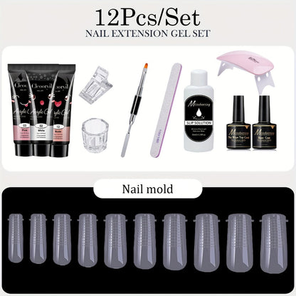 Polygel Nail Kit with LED Lamp 12Pcs Complete Poly Gel Nail Extension Builder Set with Stretch Gel Bicolor Base Coat Finger Sleeves DIY Salon Nails for Women Beginners at Home