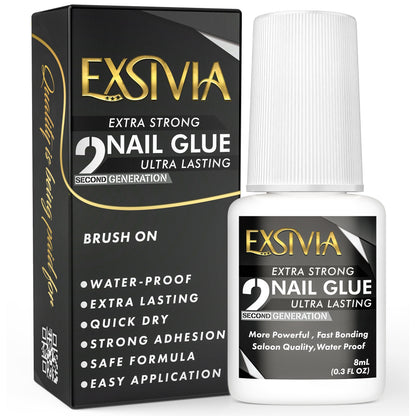 Extra Strong Brush On Nail Glue 10ml Exsivia - Quick Dry Waterproof Long Lasting Bond for Press On Nails Acrylic Fake Nail Tips - No Dehydrator or Primer Needed Salon Quality Nail Adhesive for Women