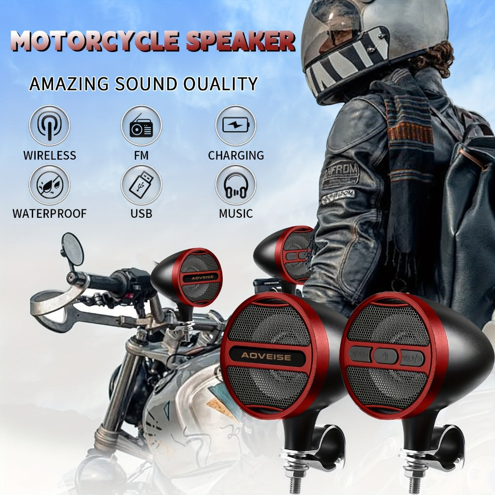 Motorcycle Bluetooth Stereo Speaker System with Built-In Amplifier – 3" Handlebar Mount Speakers, MP3 & USB, 12V, 20W×2 for ATV, Dirt Bike & Cruiser, Waterproof Radio Antenna, Black / Silver