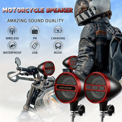 Motorcycle Bluetooth Stereo Speaker System with Built-In Amplifier – 3" Handlebar Mount Speakers, MP3 & USB, 12V, 20W×2 for ATV, Dirt Bike & Cruiser, Waterproof Radio Antenna, Black / Silver