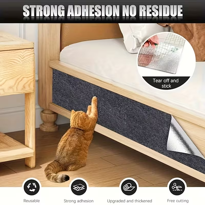 Cat Scratch Mat 55"x15" Trimmable Self-Adhesive Cat Scratching Pad for Furniture Sofa Couch Wall Door Corner Protection, Cat Scratcher Carpet with Adhesive Backing, Beige & Grey