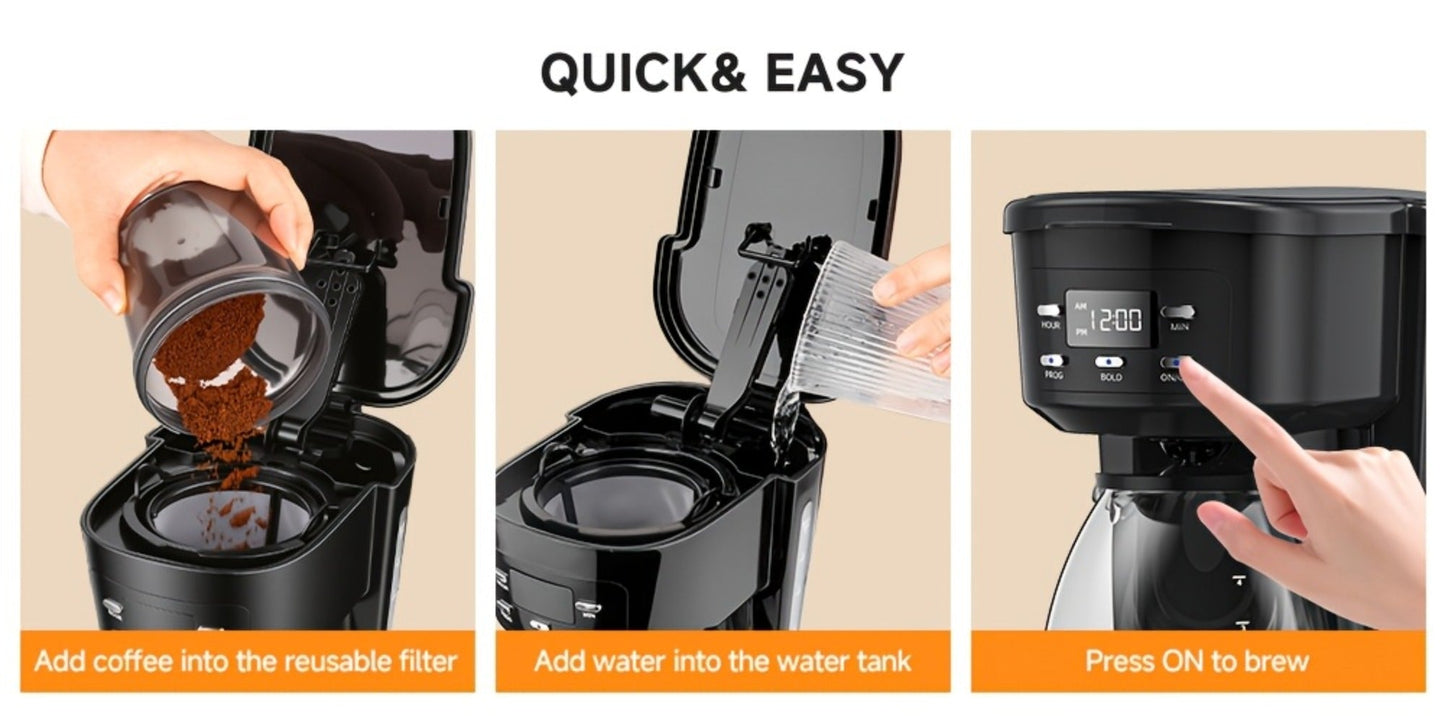 5-Cup Programmable Digital Coffee Maker – Auto Brew, Sneak-A-Cup Anti-Drip, Washable Basket Filter, Keep-Hot Plate & Water Level Window, Drip Coffee Machine for Home & Office – Black, White