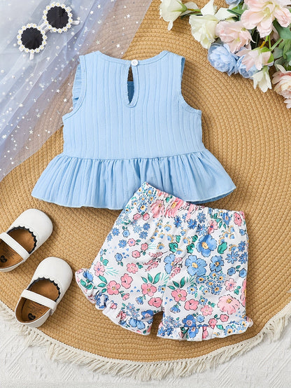 Girls' Floral Outfit Set - Sleeveless Summer